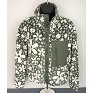 SO Women's Floral Full Zip Teddy Fleece Jacket Green Size Small Preppy Outdoor